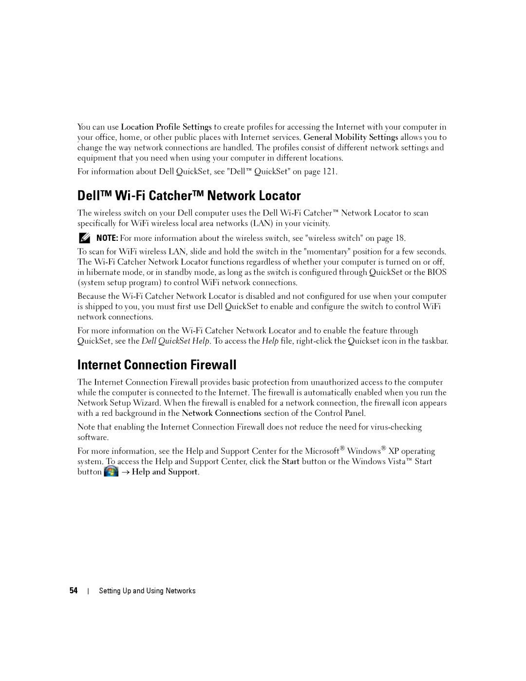 Dell PP04X, D830 manual Dell Wi-Fi Catcher Network Locator, Internet Connection Firewall, Button → Help and Support 