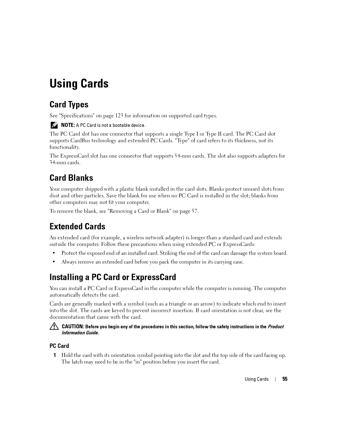 Dell D830, PP04X manual Using Cards, Card Types, Card Blanks, Extended Cards, Installing a PC Card or ExpressCard 