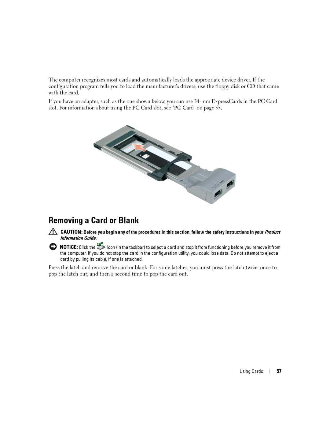 Dell D830, PP04X manual Removing a Card or Blank 