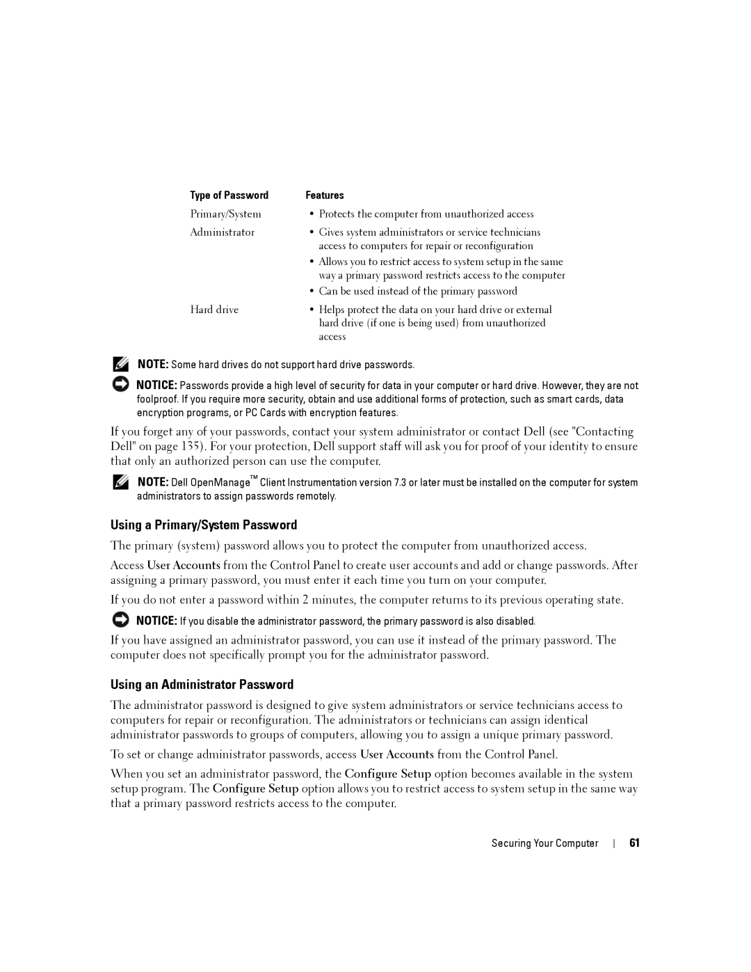 Dell D830, PP04X manual Using a Primary/System Password, Using an Administrator Password, Type of Password Features 