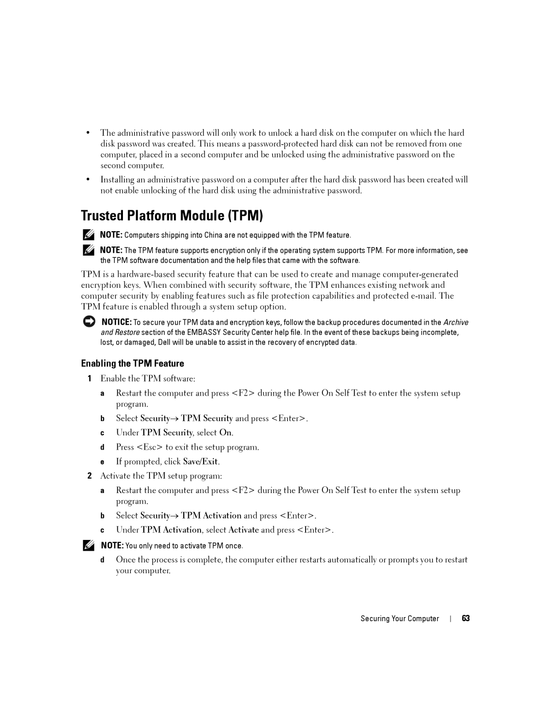 Dell D830, PP04X manual Trusted Platform Module TPM, Enabling the TPM Feature 