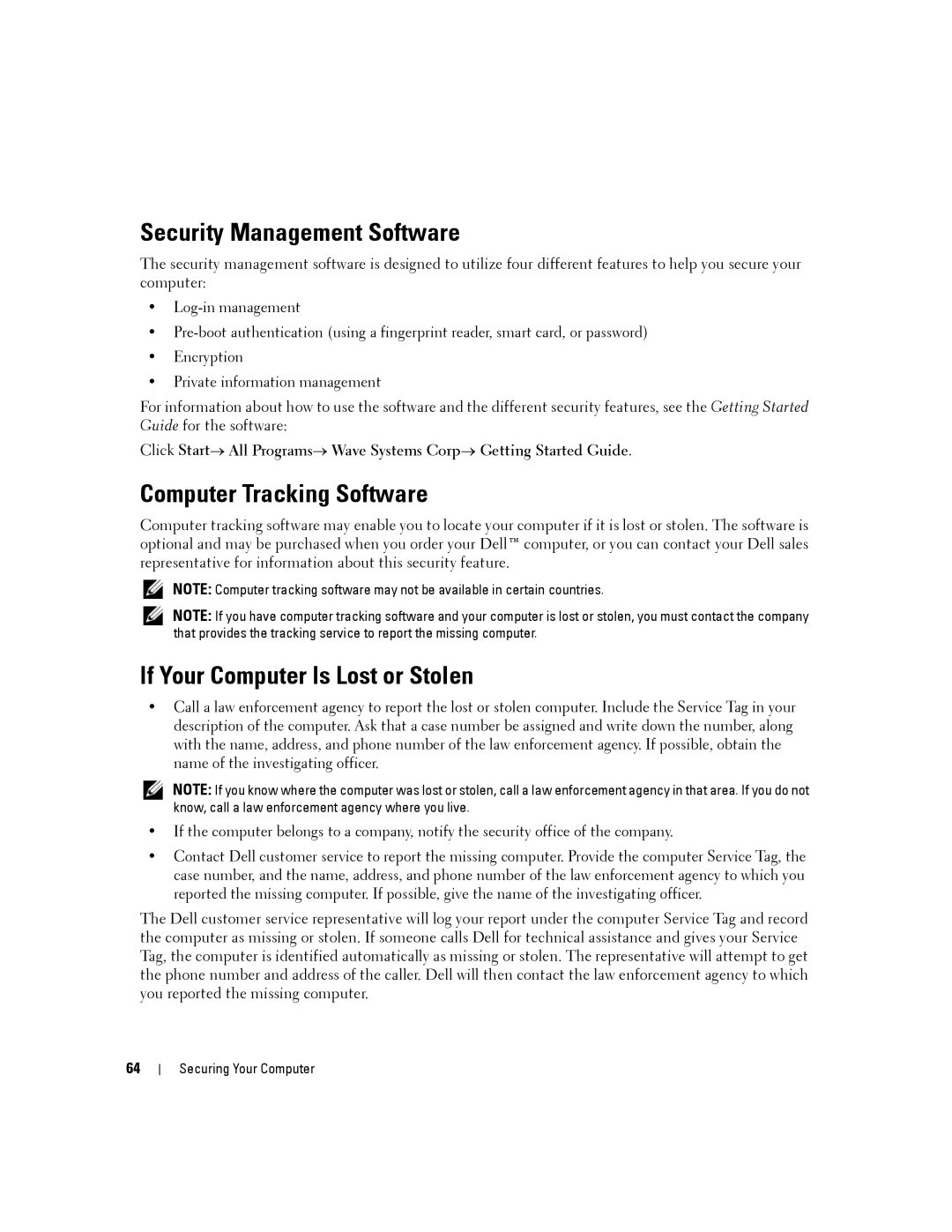 Dell PP04X, D830 manual Security Management Software, Computer Tracking Software, If Your Computer Is Lost or Stolen 