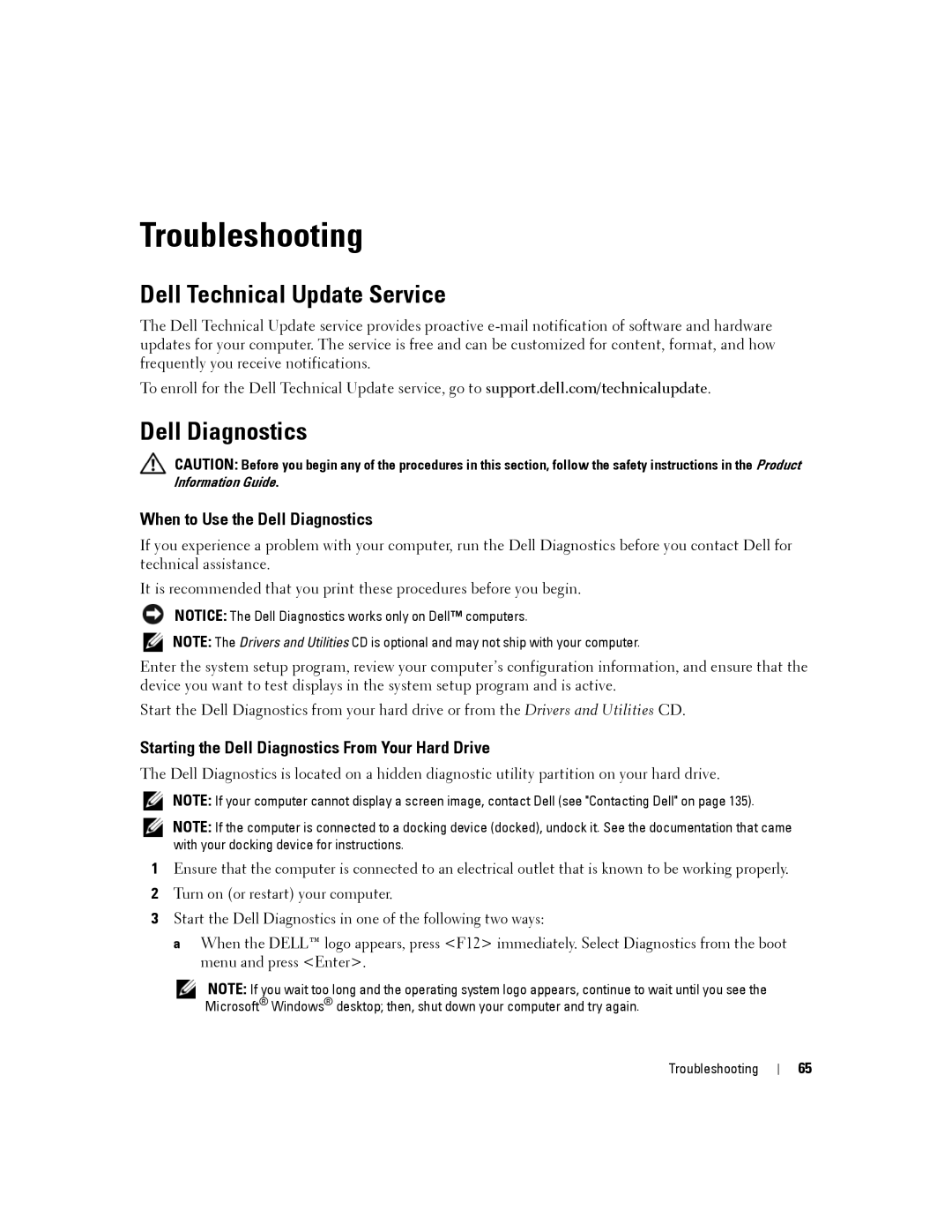 Dell D830, PP04X manual Troubleshooting, Dell Technical Update Service, When to Use the Dell Diagnostics 