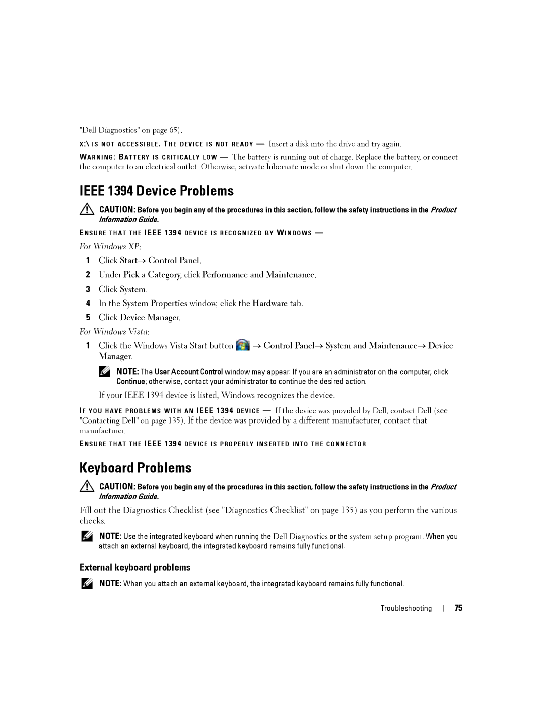 Dell D830, PP04X manual Ieee 1394 Device Problems, Keyboard Problems, External keyboard problems, Click Device Manager 