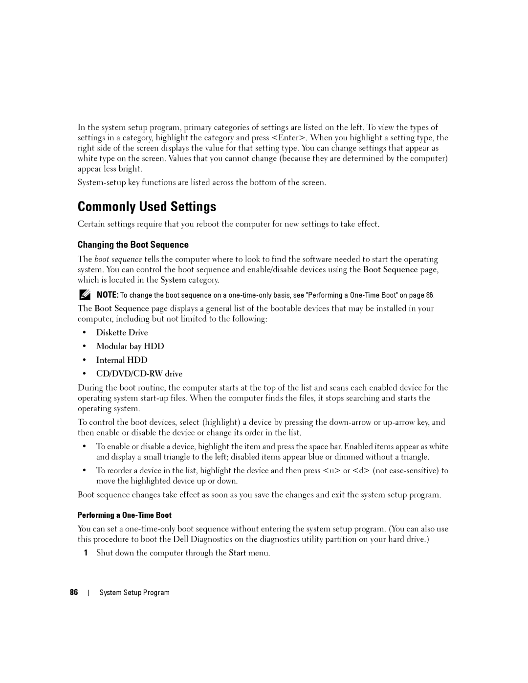 Dell PP04X, D830 manual Commonly Used Settings, Changing the Boot Sequence, Performing a One-Time Boot 