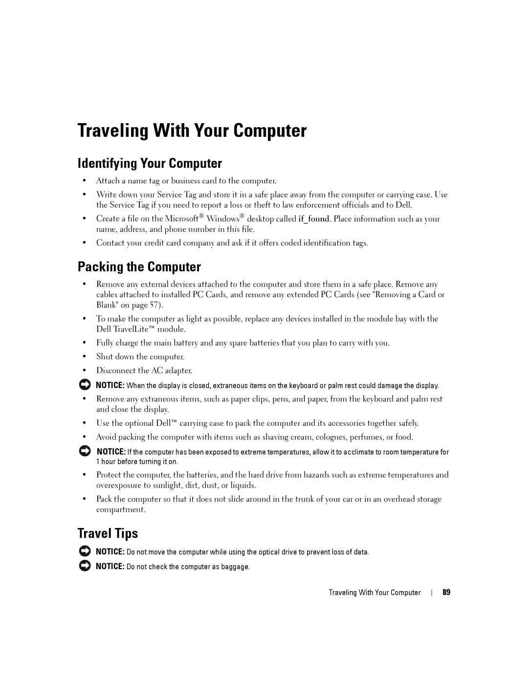 Dell D830, PP04X manual Traveling With Your Computer, Identifying Your Computer, Packing the Computer, Travel Tips 