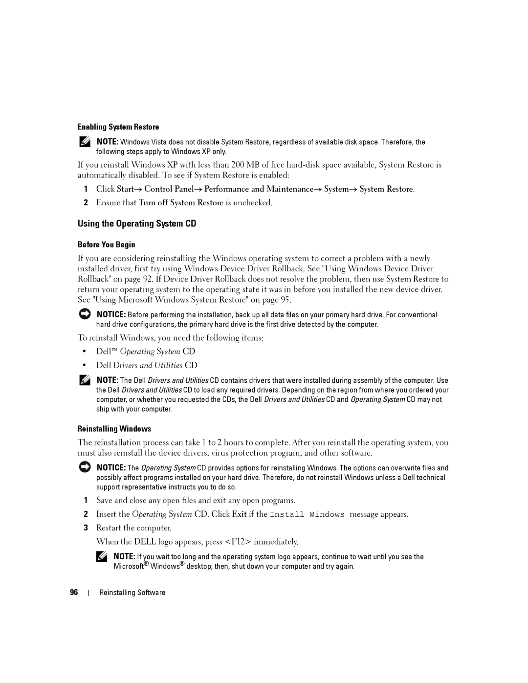 Dell PP04X, D830 manual Using the Operating System CD, Enabling System Restore, Before You Begin, Reinstalling Windows 