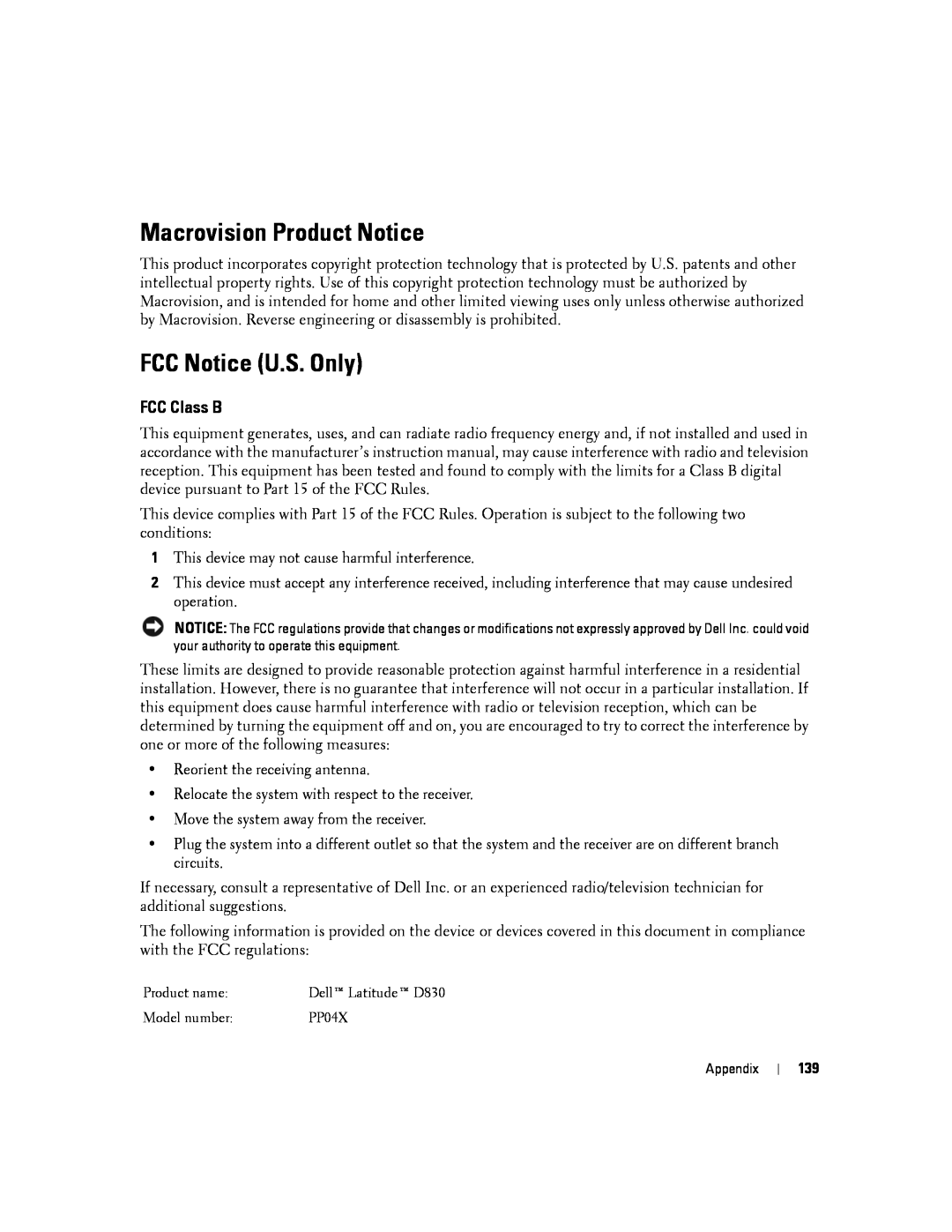 Dell D830, PP04X manual Macrovision Product Notice, FCC Notice U.S. Only, FCC Class B 