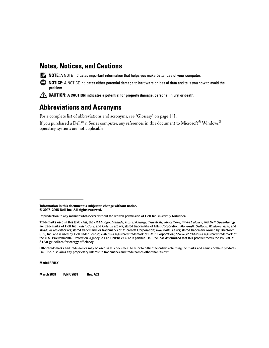 Dell PP04X, D830 manual Notes, Notices, and Cautions, Abbreviations and Acronyms, Rev. A02 