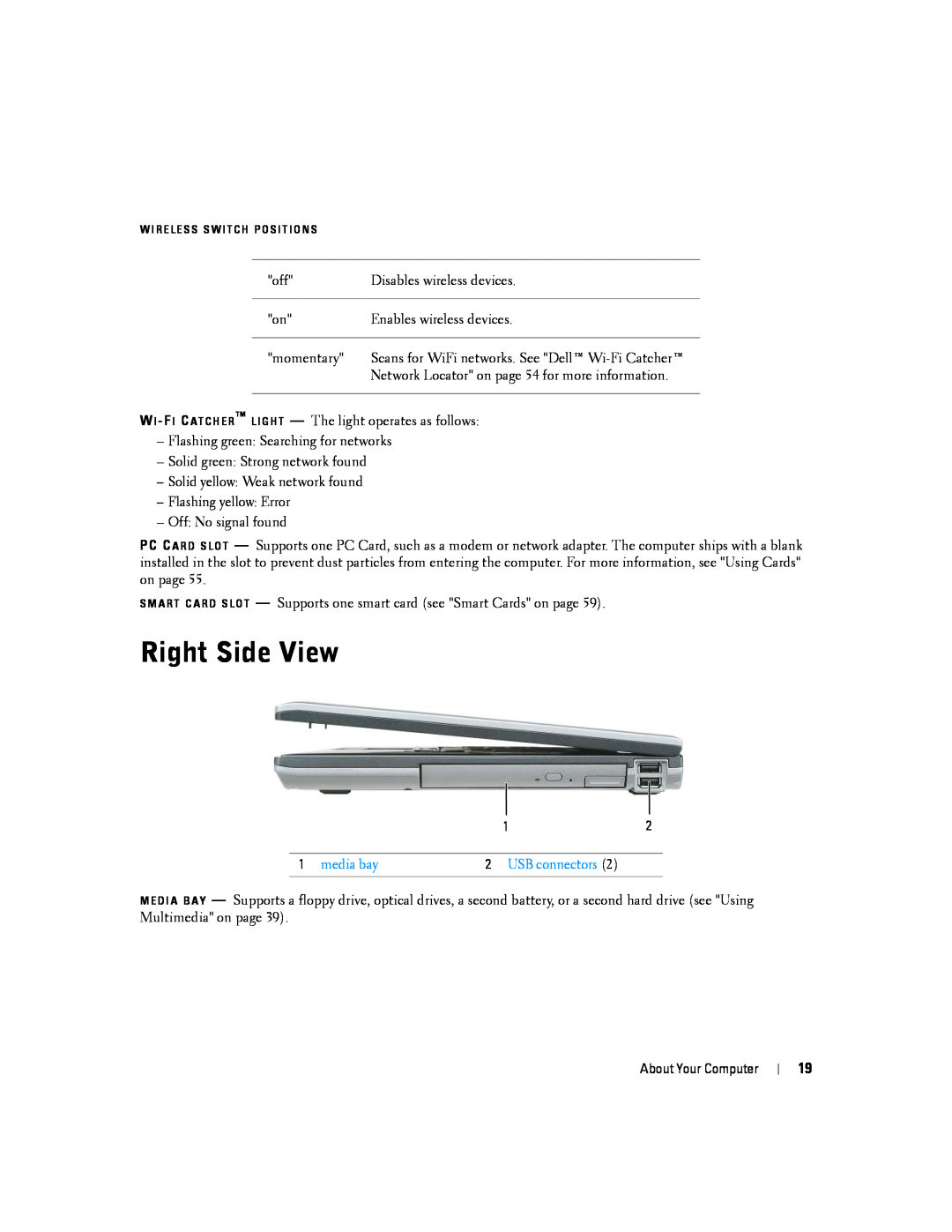 Dell D830, PP04X manual Right Side View, media bay, USB connectors 