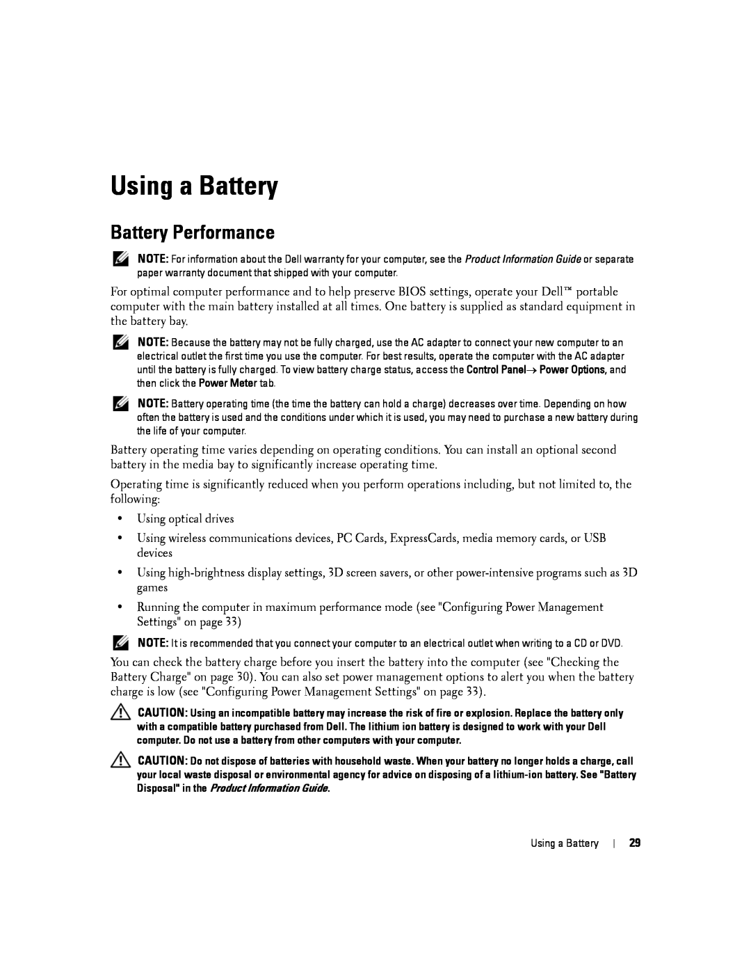 Dell D830, PP04X manual Using a Battery, Battery Performance 