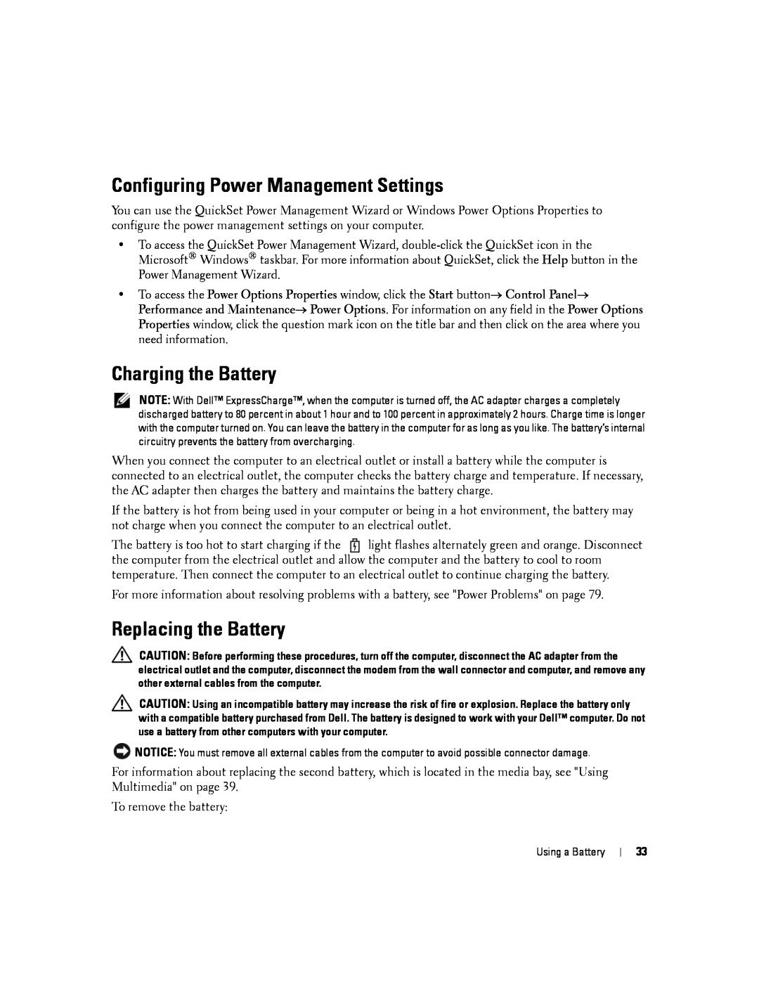 Dell D830, PP04X manual Configuring Power Management Settings, Charging the Battery, Replacing the Battery 