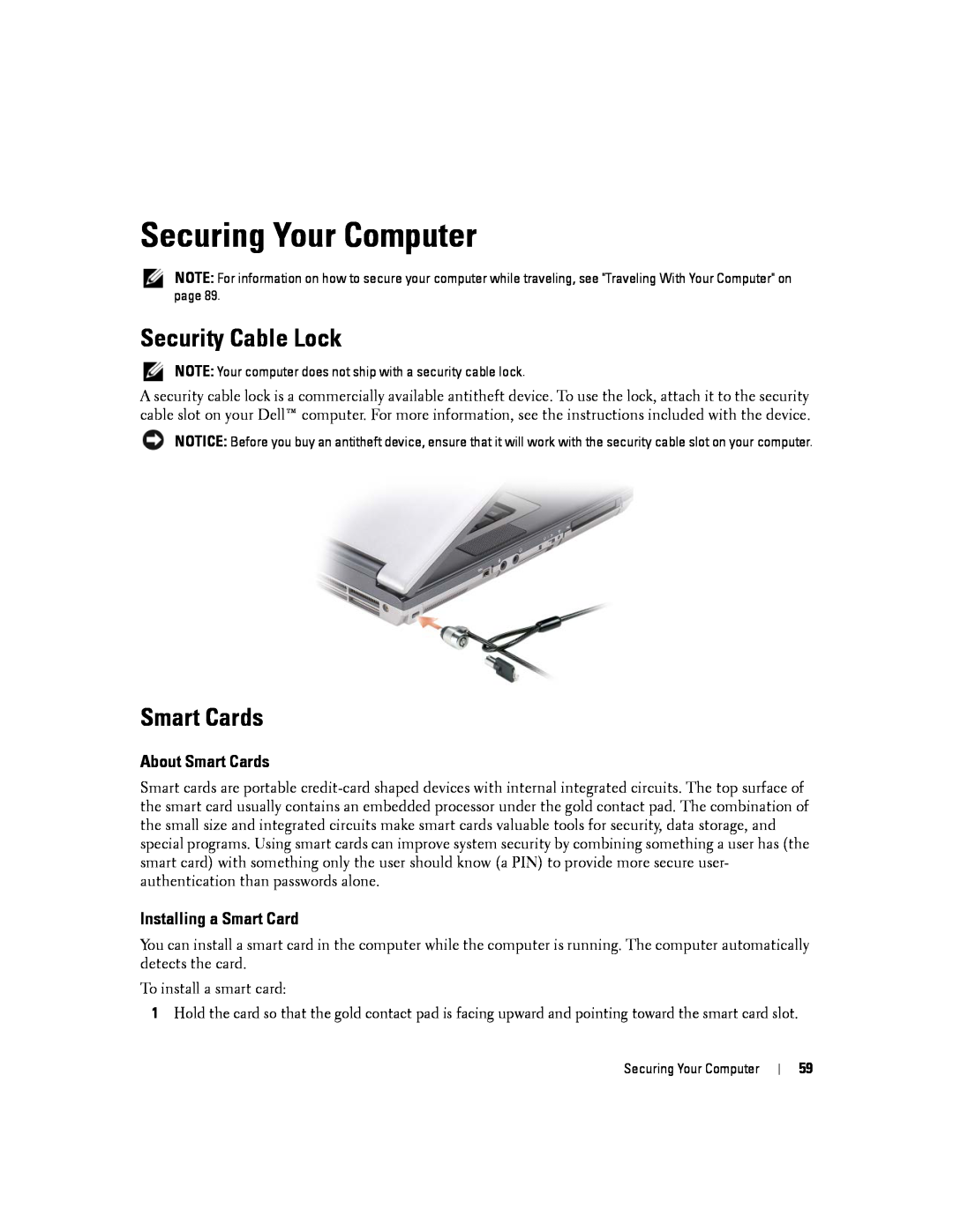 Dell D830, PP04X manual Securing Your Computer, Security Cable Lock, About Smart Cards, Installing a Smart Card 