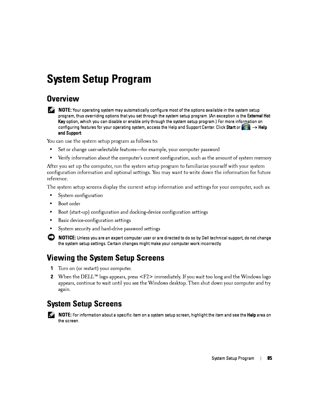 Dell D830, PP04X manual System Setup Program, Overview, Viewing the System Setup Screens 