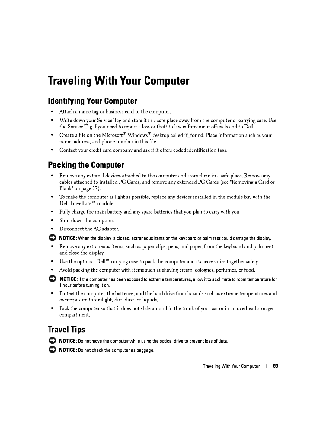 Dell D830, PP04X manual Traveling With Your Computer, Identifying Your Computer, Packing the Computer, Travel Tips 
