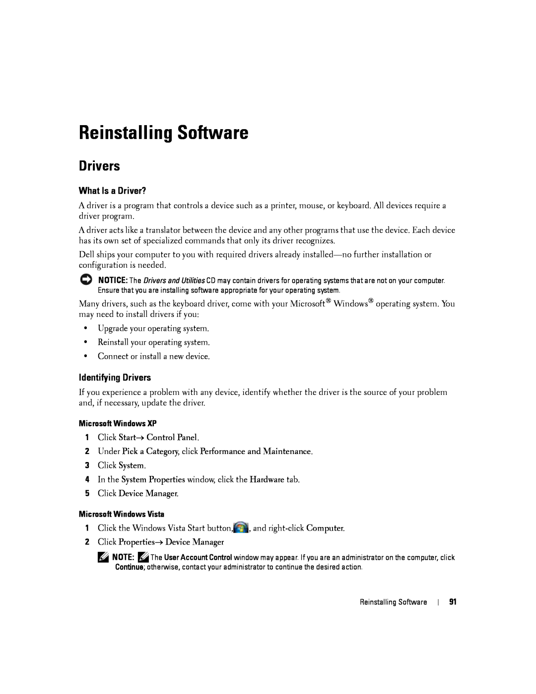 Dell D830 Reinstalling Software, What Is a Driver?, Identifying Drivers, Microsoft Windows XP, Microsoft Windows Vista 