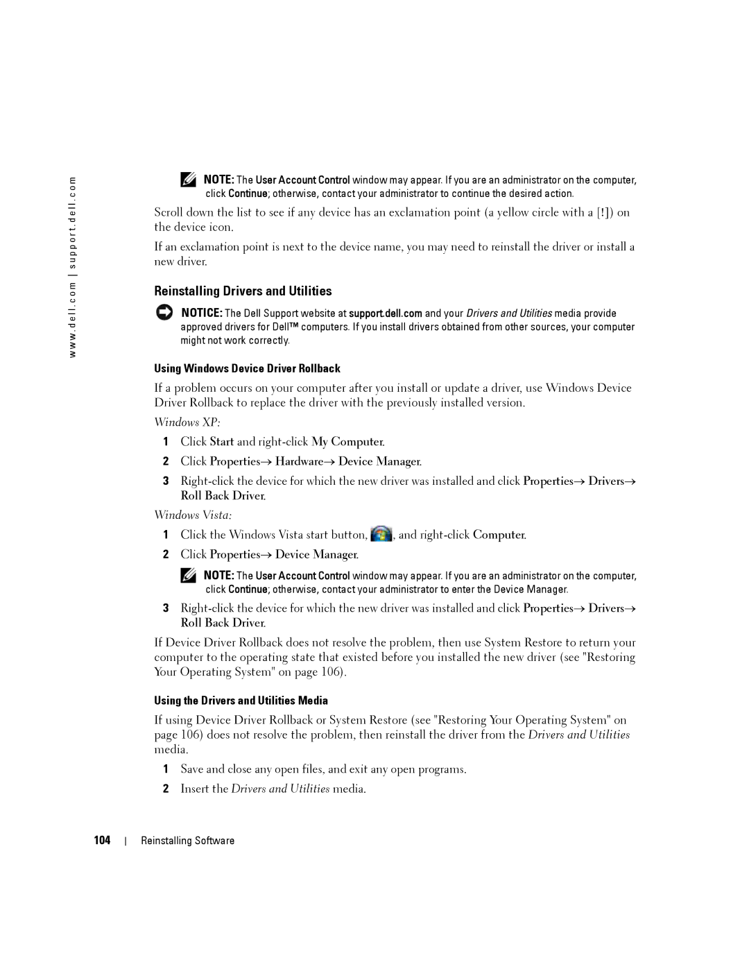 Dell PP04X Reinstalling Drivers and Utilities, Using Windows Device Driver Rollback, Using the Drivers and Utilities Media 