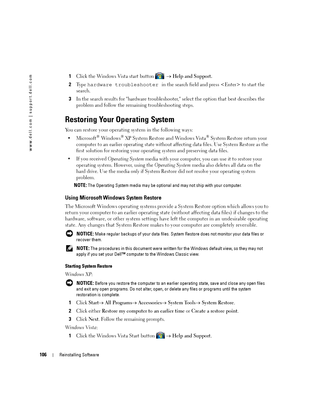 Dell PP04X manual Restoring Your Operating System, Using Microsoft Windows System Restore, Starting System Restore, 106 