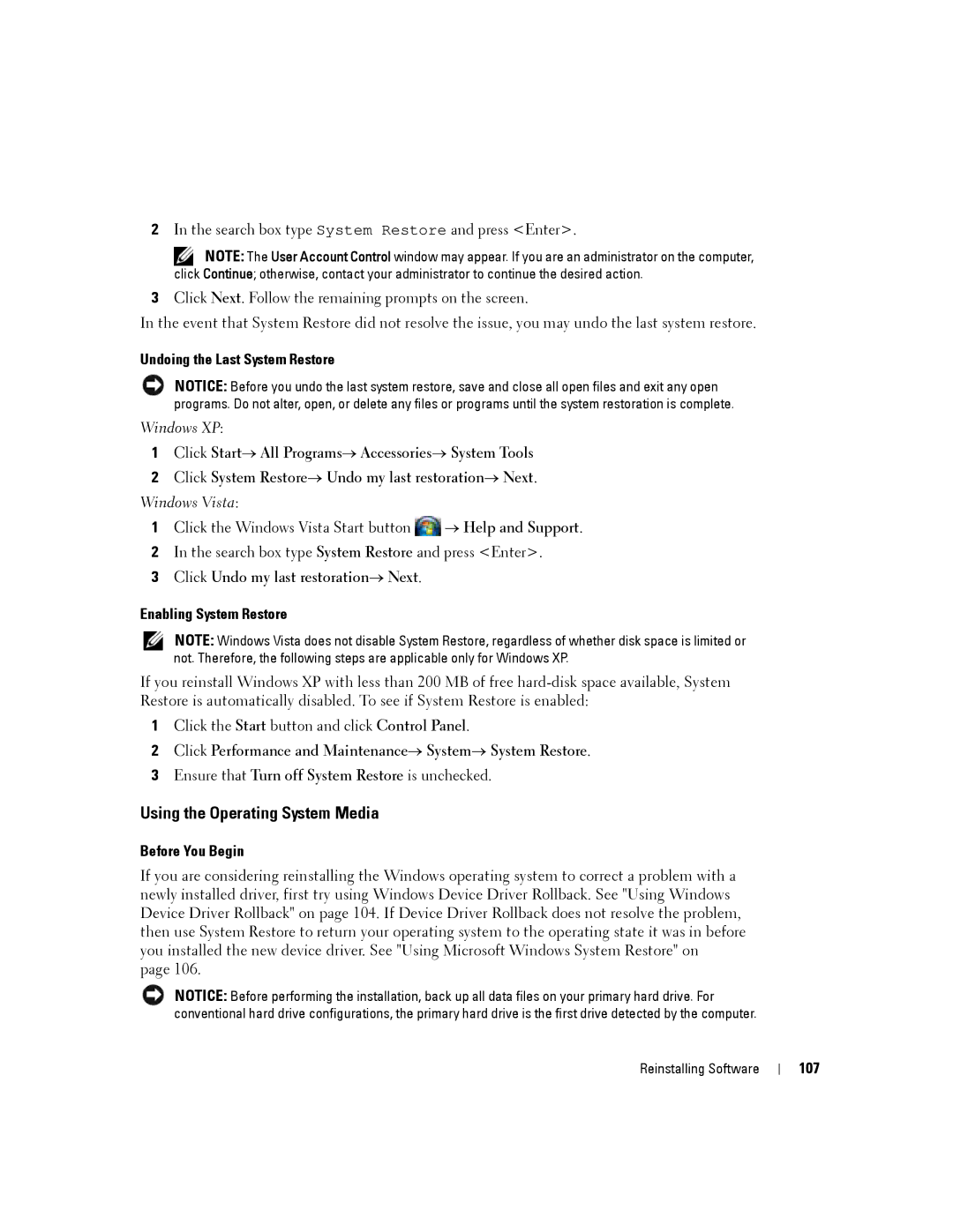 Dell PP04X Using the Operating System Media, Undoing the Last System Restore, Enabling System Restore, Before You Begin 