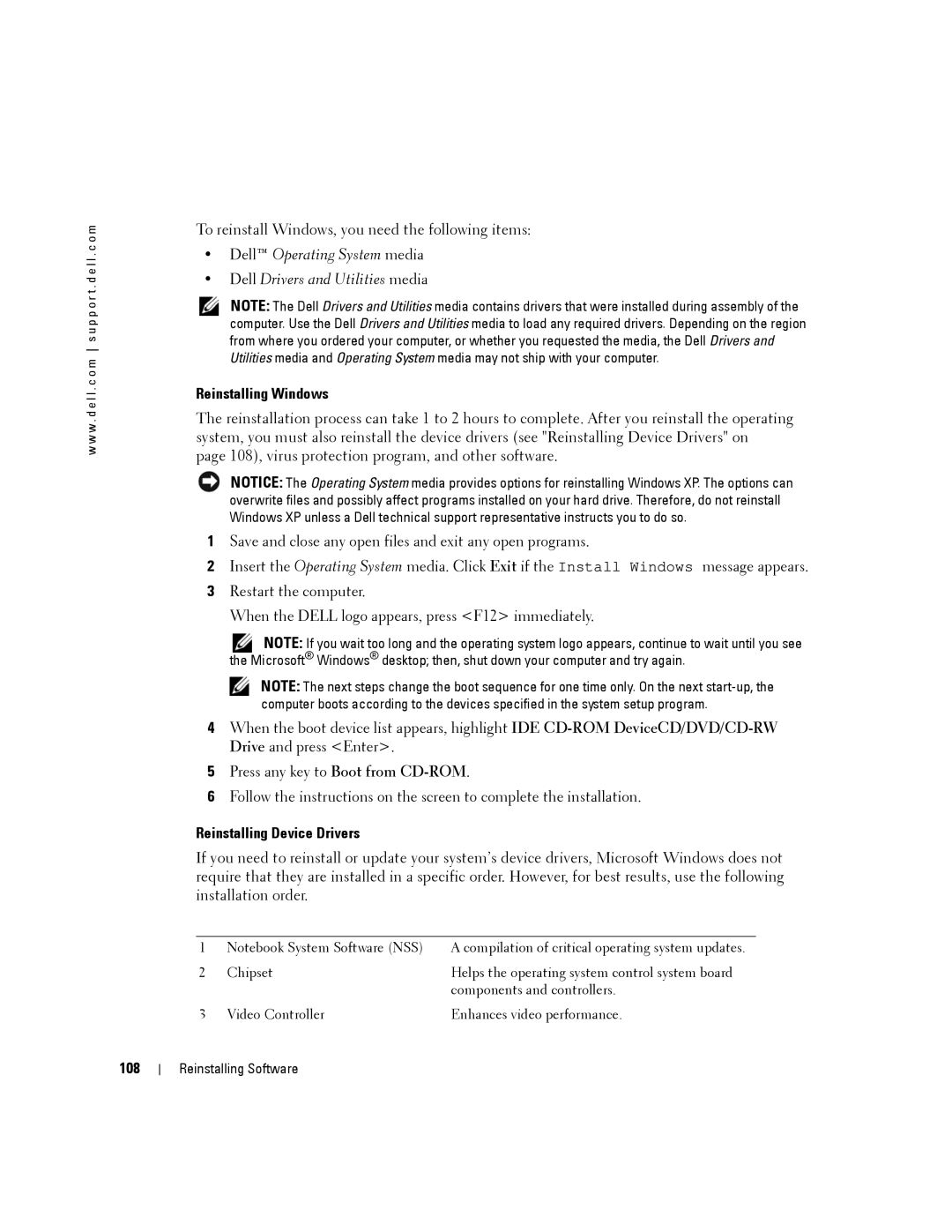 Dell PP04X manual Reinstalling Windows, Reinstalling Device Drivers, 108 