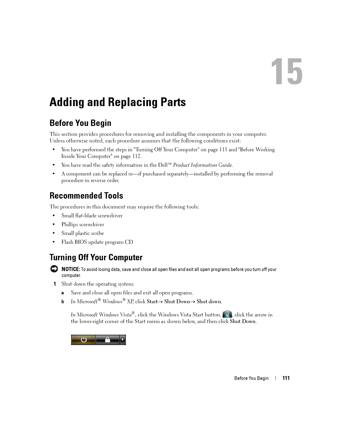 Dell PP04X manual Adding and Replacing Parts, Before You Begin, Recommended Tools, Turning Off Your Computer, 111 