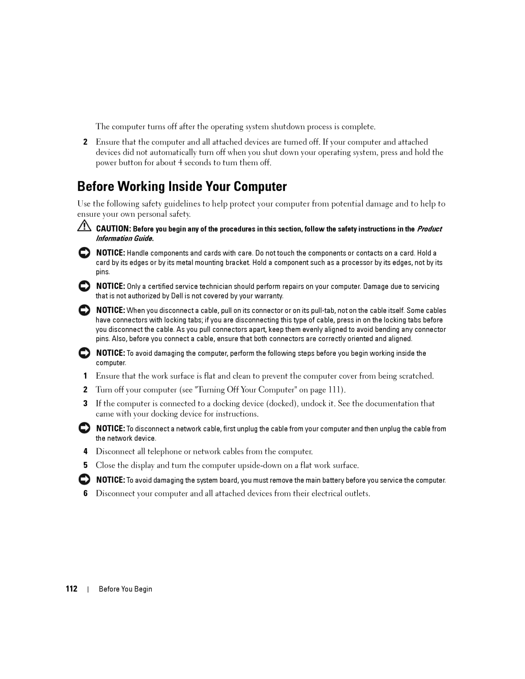 Dell PP04X manual Before Working Inside Your Computer, 112 