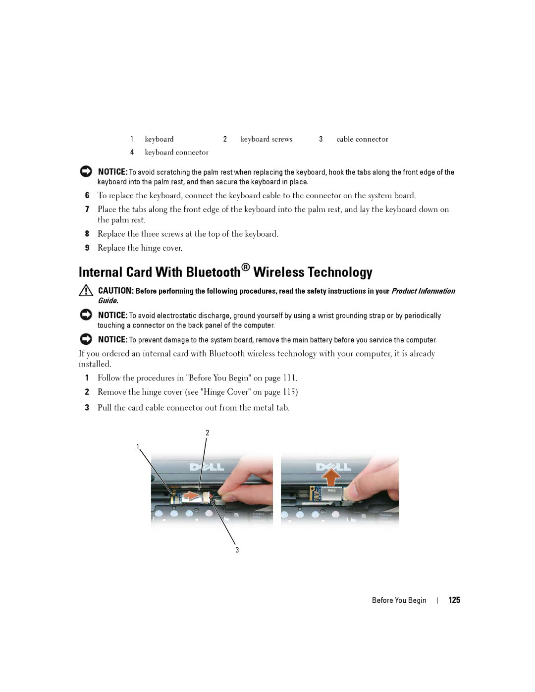 Dell PP04X manual Internal Card With Bluetooth Wireless Technology, 125 