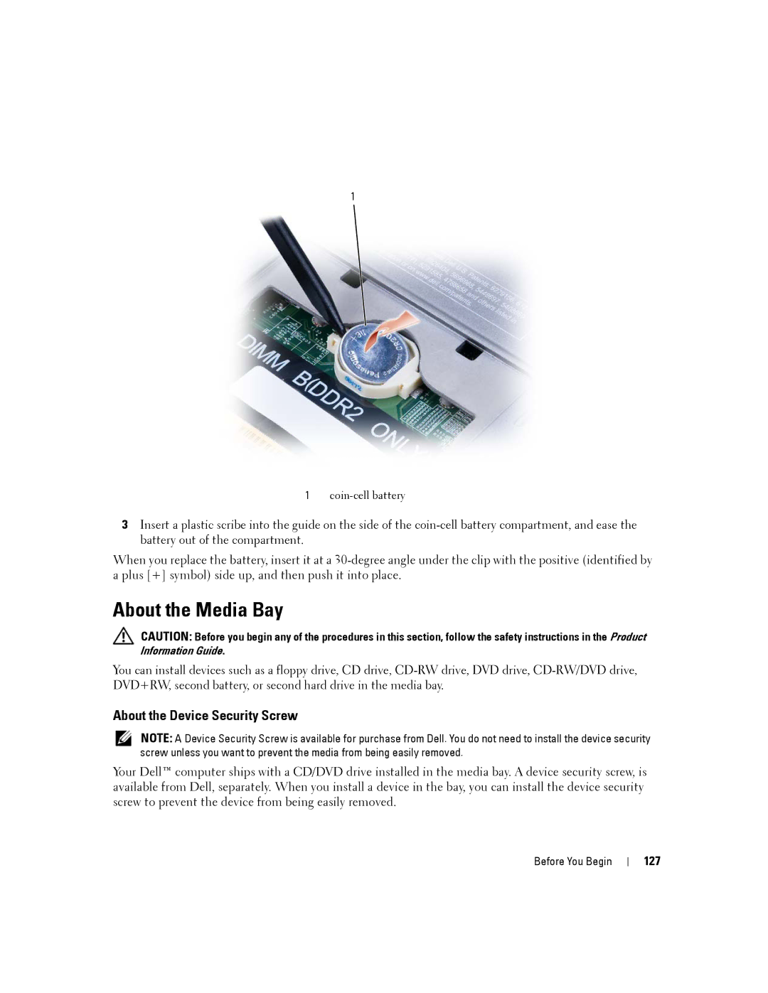 Dell PP04X manual About the Media Bay, About the Device Security Screw, 127 