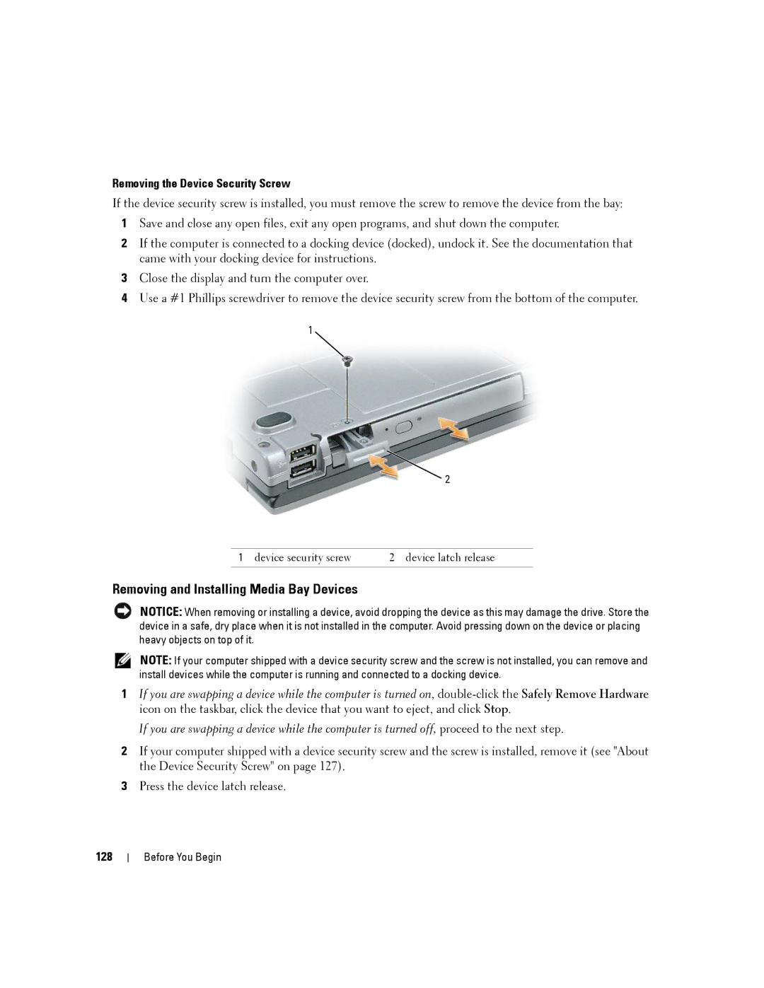 Dell PP04X manual Removing and Installing Media Bay Devices, Removing the Device Security Screw, 128 