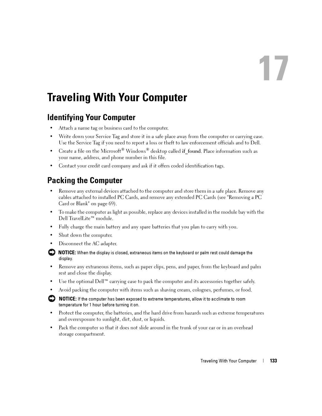 Dell PP04X manual Traveling With Your Computer, Identifying Your Computer, Packing the Computer, 133 