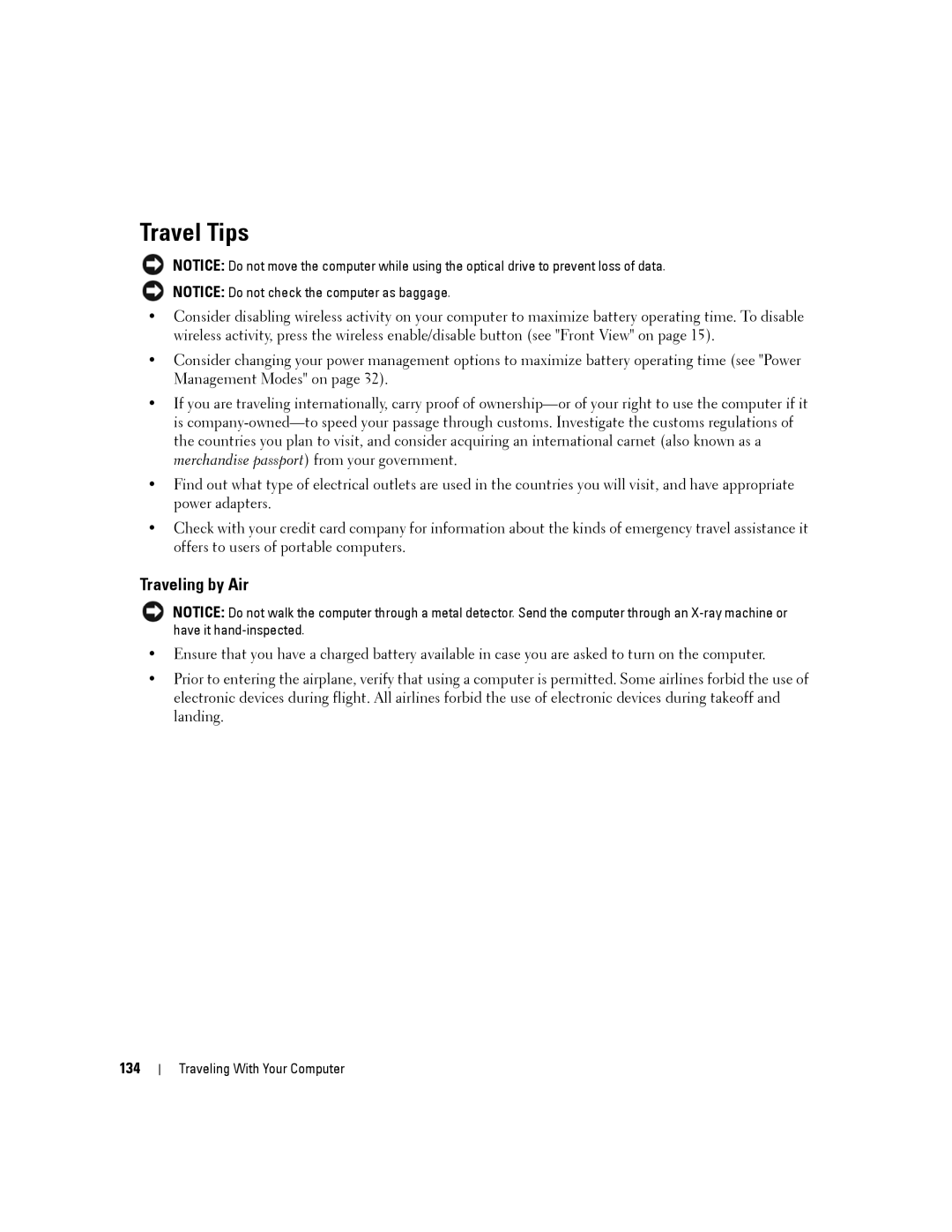 Dell PP04X manual Travel Tips, Traveling by Air, 134 