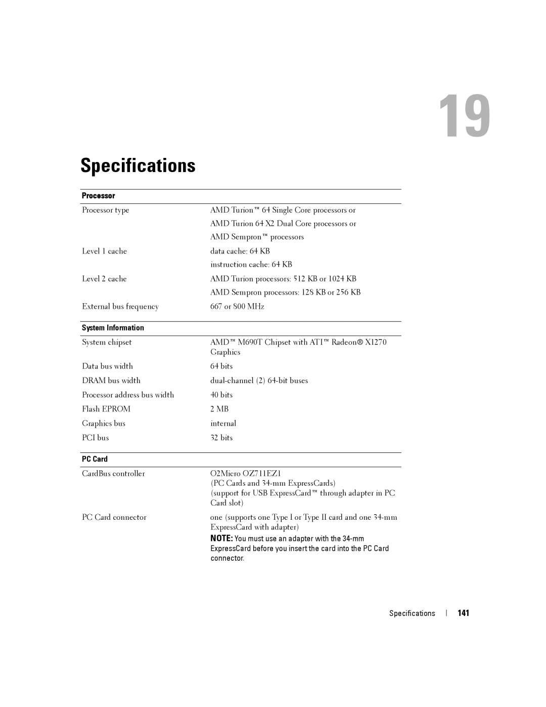 Dell PP04X manual Specifications, 141 