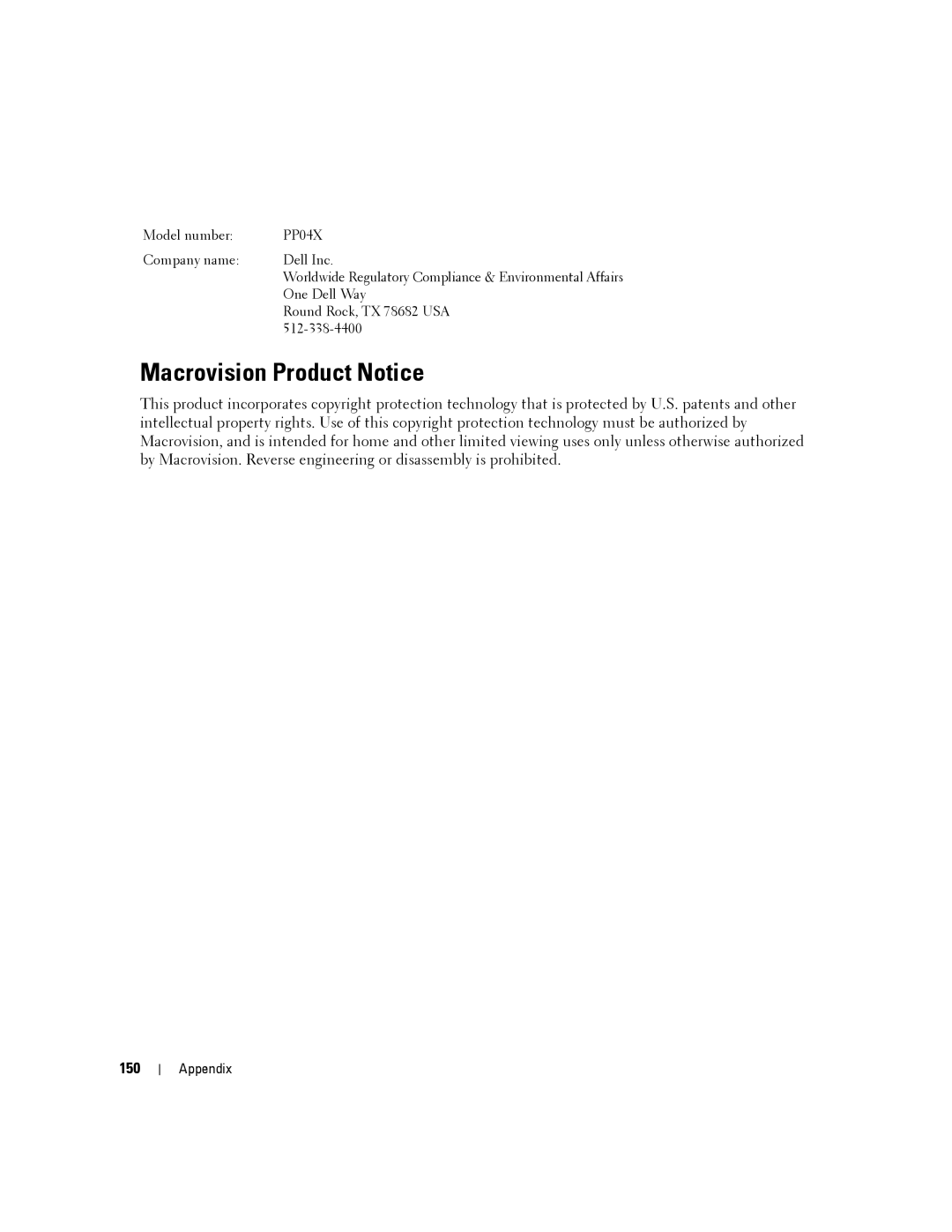 Dell PP04X manual Macrovision Product Notice, 150 