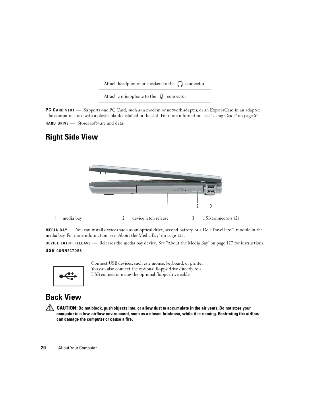 Dell PP04X manual Right Side View, Back View 