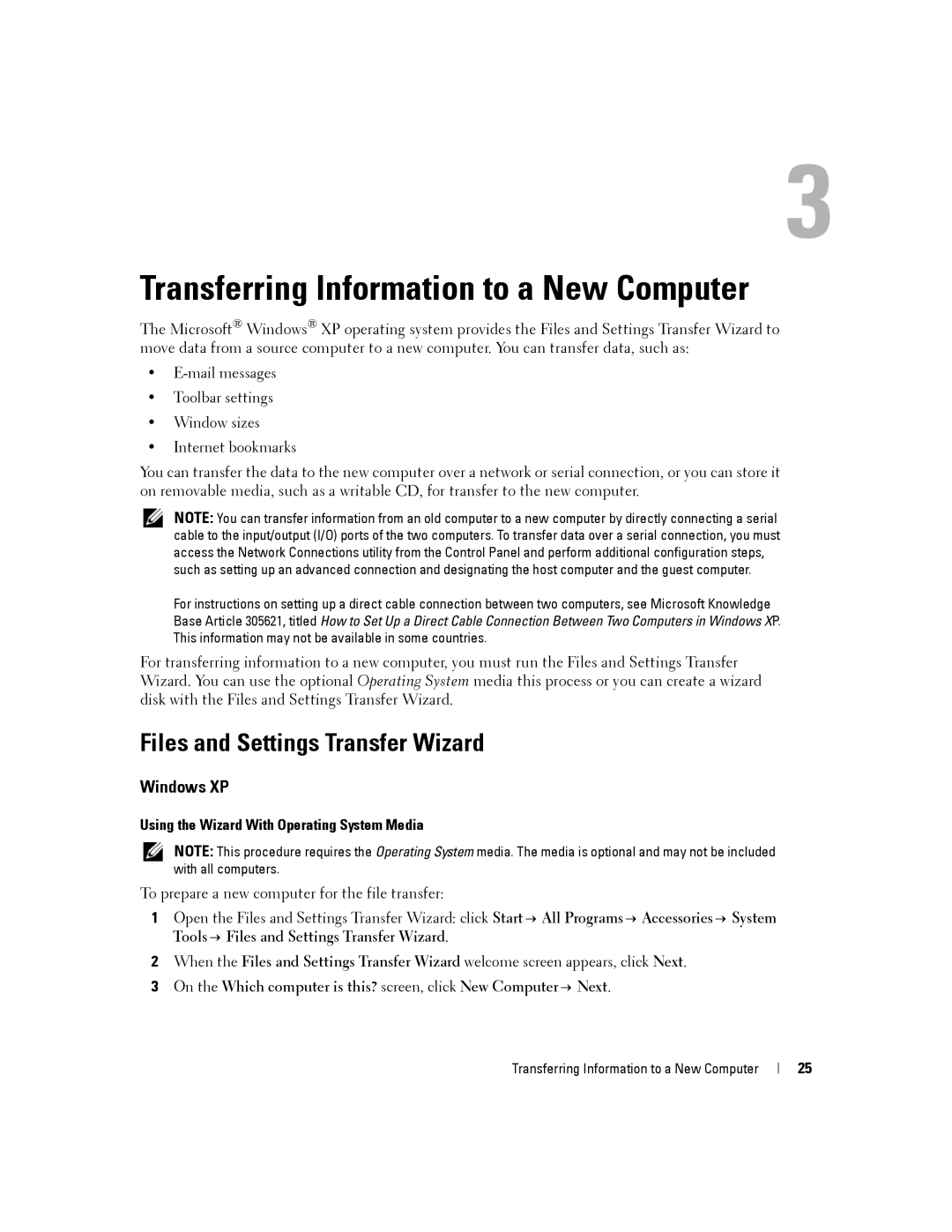 Dell PP04X manual Transferring Information to a New Computer, Files and Settings Transfer Wizard, Windows XP 