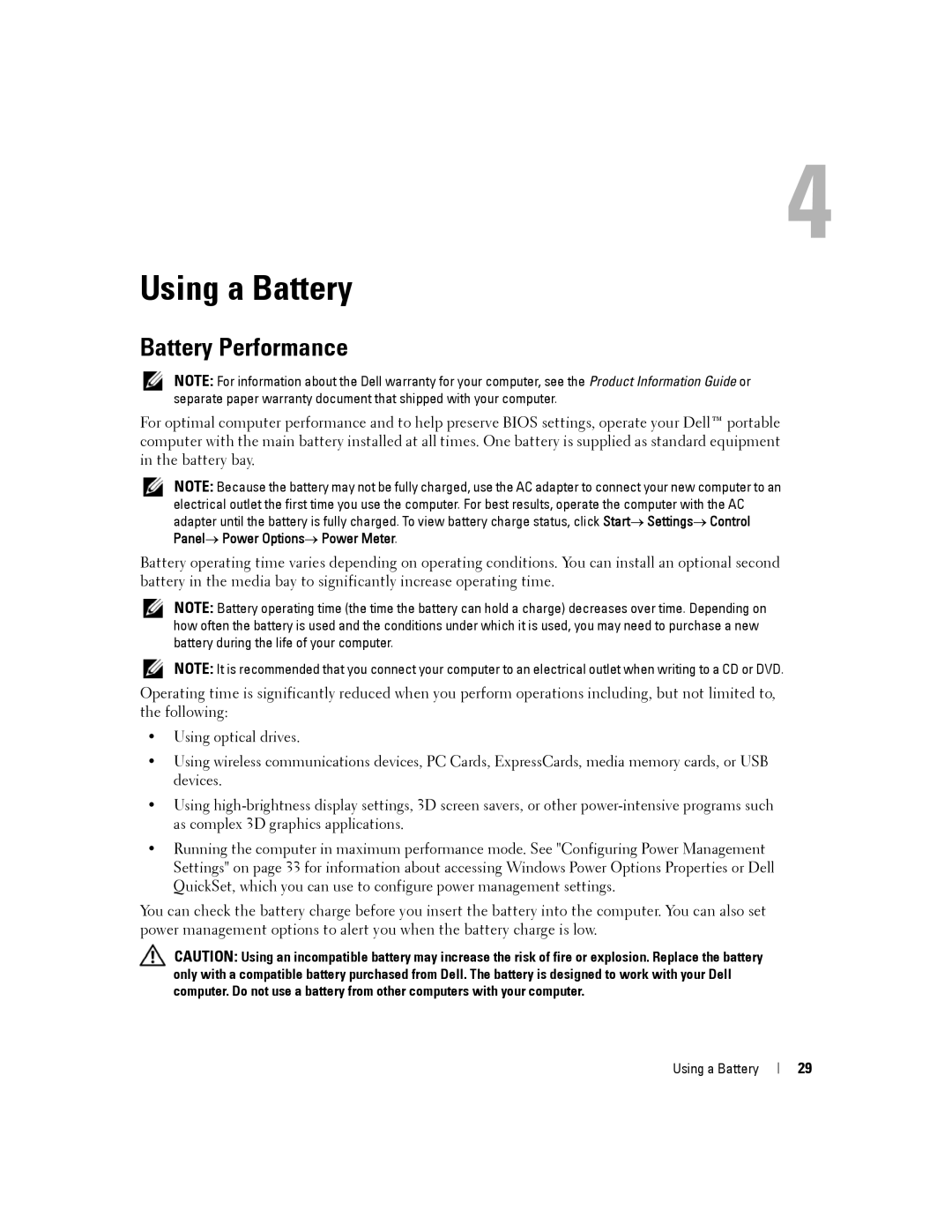 Dell PP04X manual Using a Battery, Battery Performance 