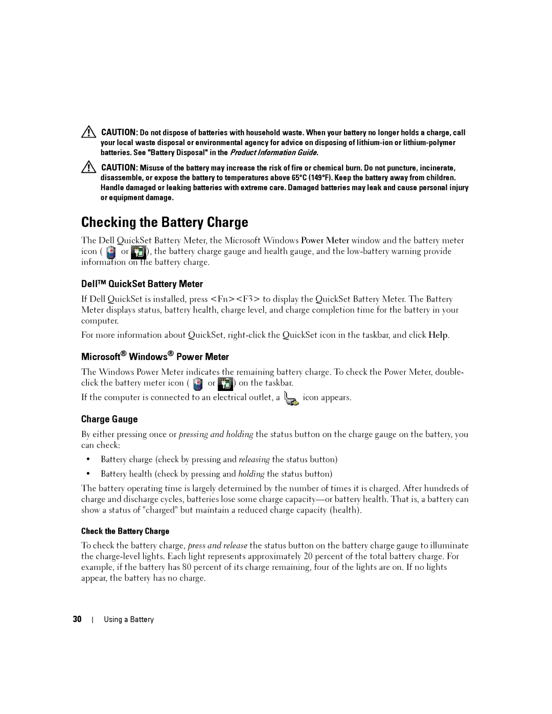 Dell PP04X manual Checking the Battery Charge, Dell QuickSet Battery Meter, Microsoft Windows Power Meter, Charge Gauge 