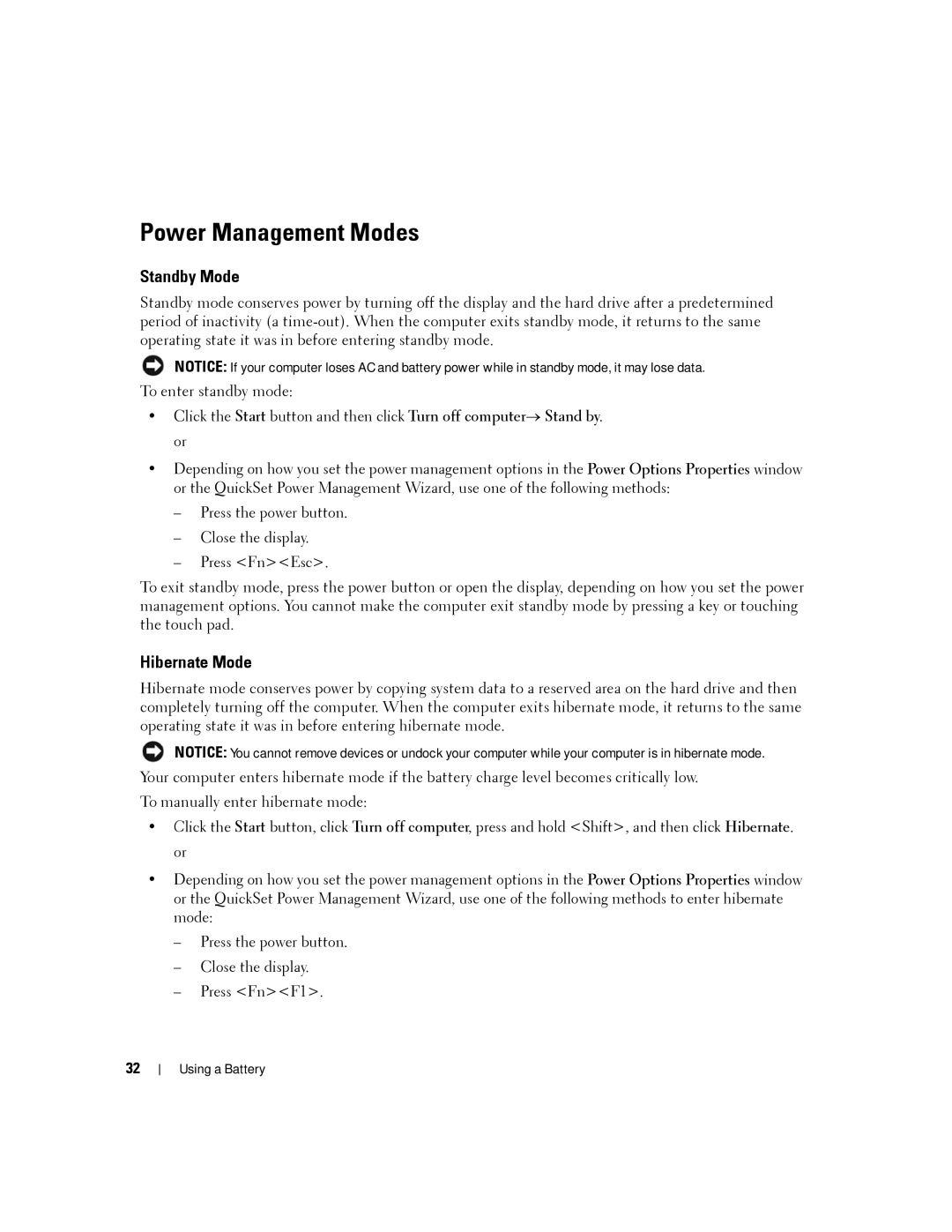 Dell PP04X manual Power Management Modes, Standby Mode, Hibernate Mode 