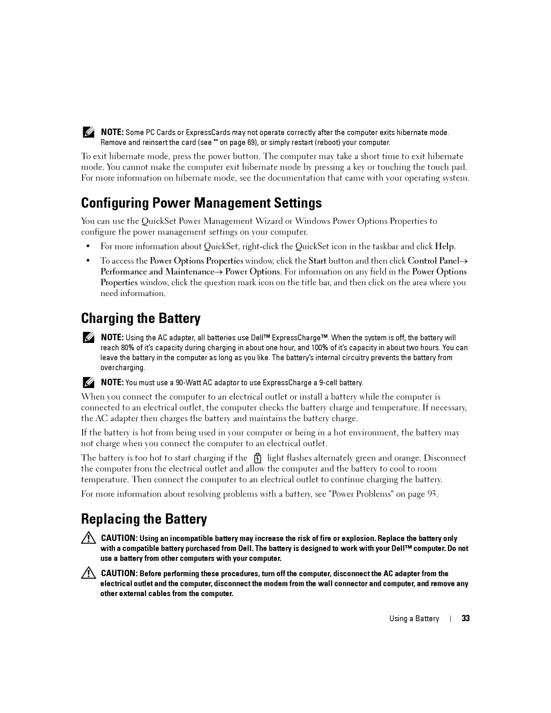 Dell PP04X manual Configuring Power Management Settings, Charging the Battery, Replacing the Battery 