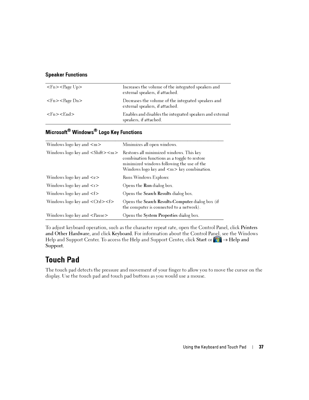 Dell PP04X manual Touch Pad, Speaker Functions, Microsoft Windows Logo Key Functions 