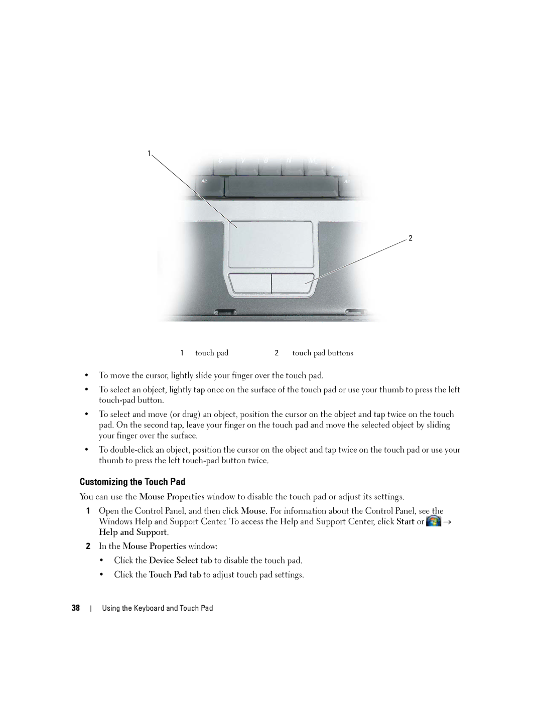 Dell PP04X manual Customizing the Touch Pad, Mouse Properties window 