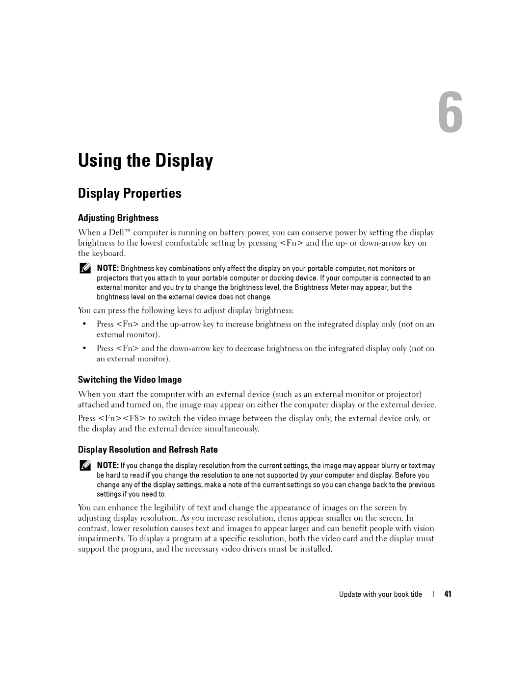 Dell PP04X manual Using the Display, Display Properties, Adjusting Brightness, Switching the Video Image 