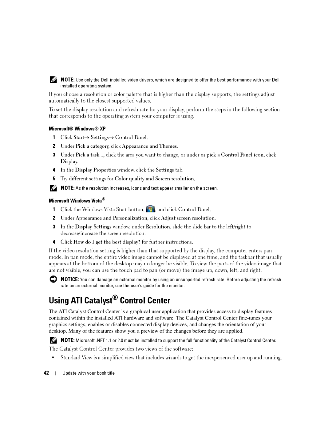 Dell PP04X manual Using ATI Catalyst Control Center, Microsoft Windows XP, Microsoft Windows Vista 