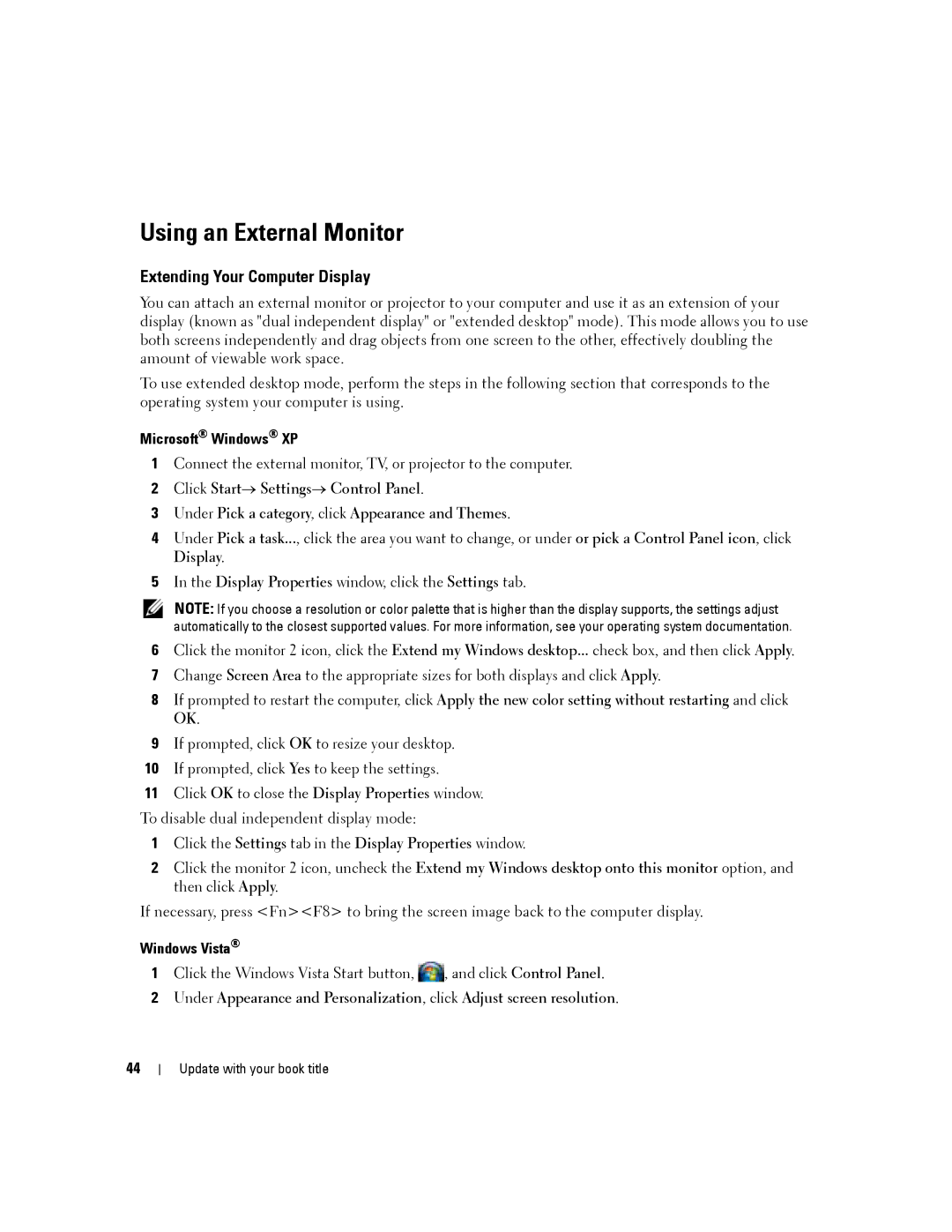 Dell PP04X manual Using an External Monitor, Extending Your Computer Display, Windows Vista 