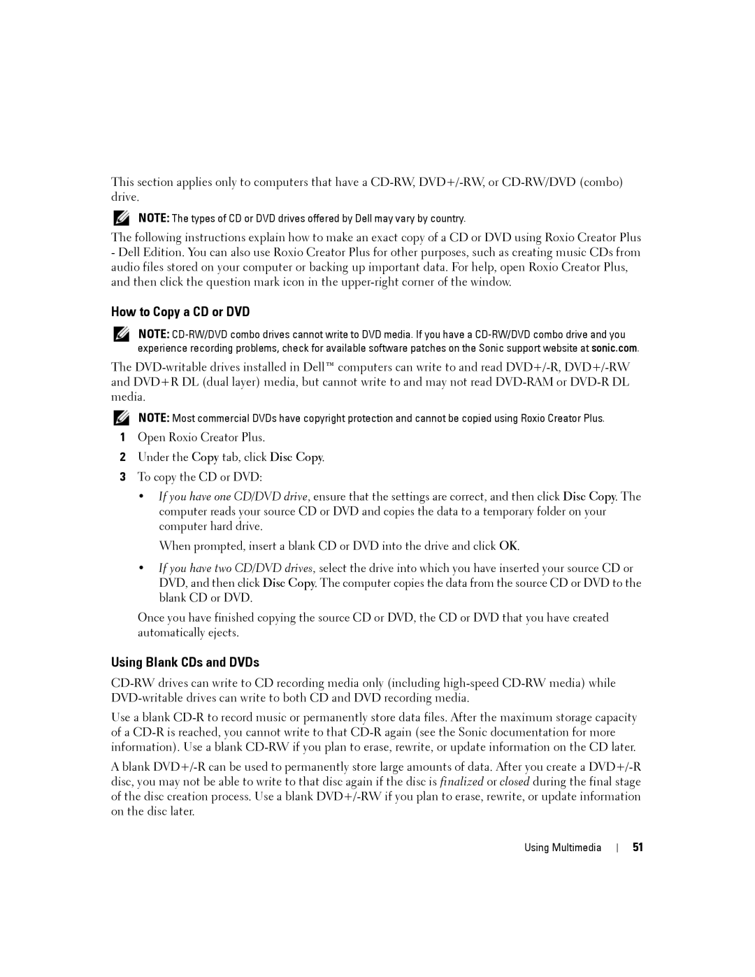 Dell PP04X manual How to Copy a CD or DVD, Using Blank CDs and DVDs 