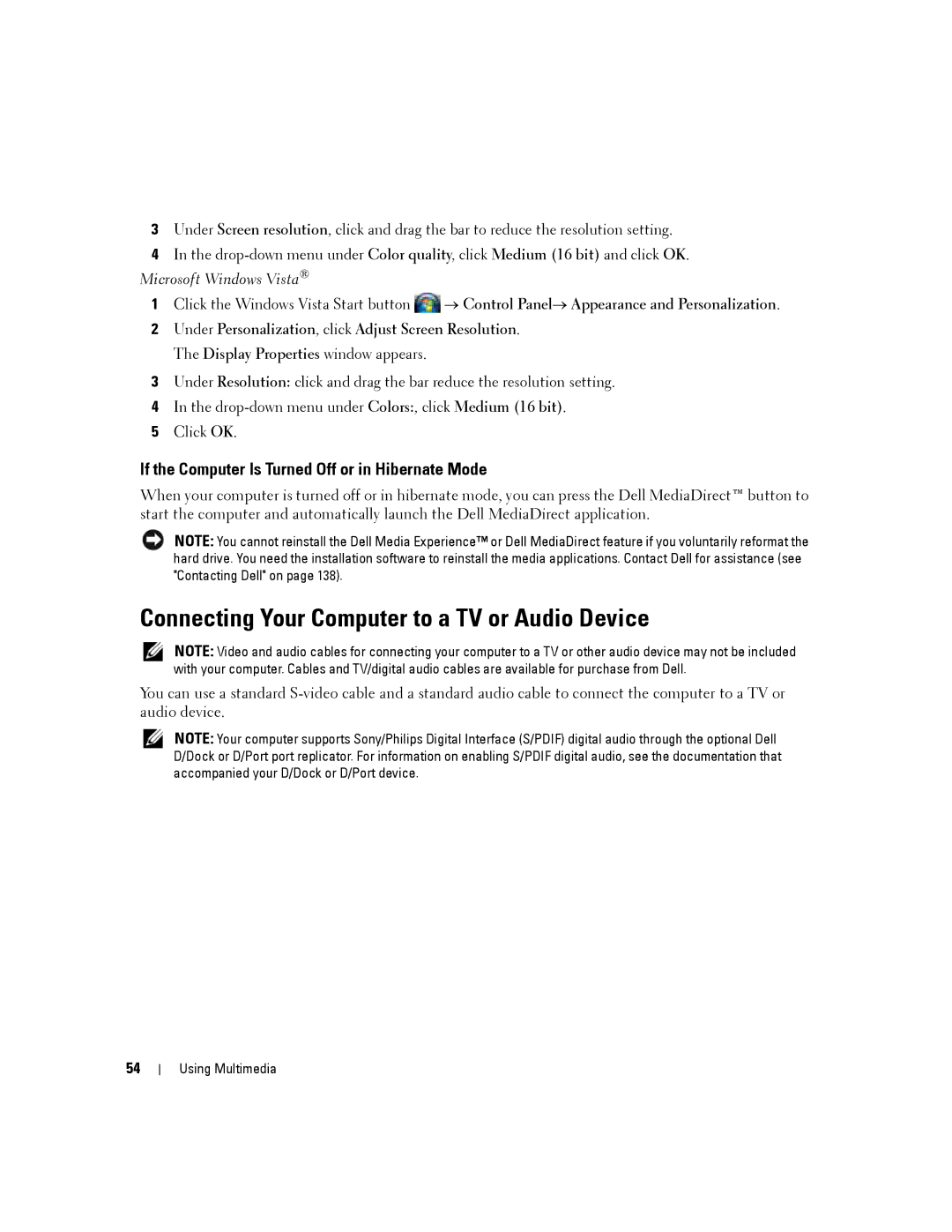 Dell PP04X manual Connecting Your Computer to a TV or Audio Device, If the Computer Is Turned Off or in Hibernate Mode 