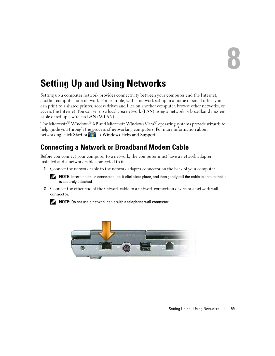 Dell PP04X manual Setting Up and Using Networks, Connecting a Network or Broadband Modem Cable 