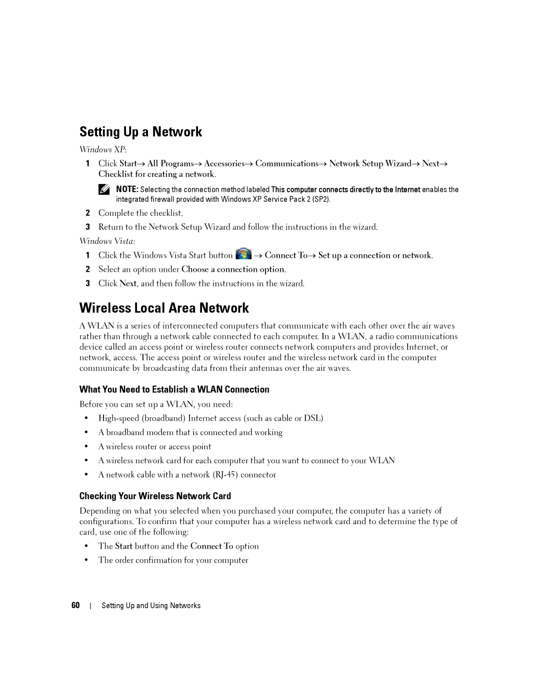 Dell PP04X manual Setting Up a Network, Wireless Local Area Network, What You Need to Establish a Wlan Connection 