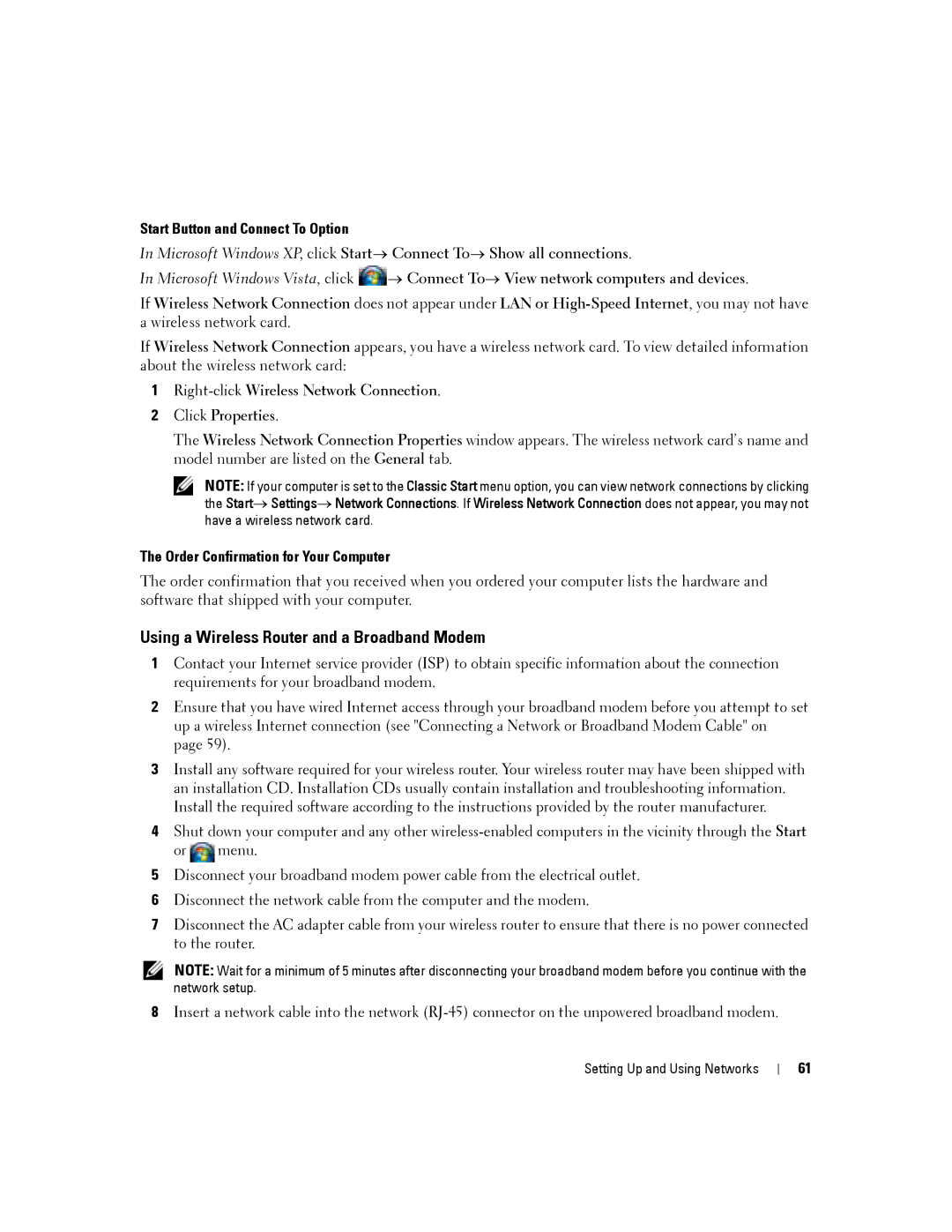 Dell PP04X manual Using a Wireless Router and a Broadband Modem, Start Button and Connect To Option 