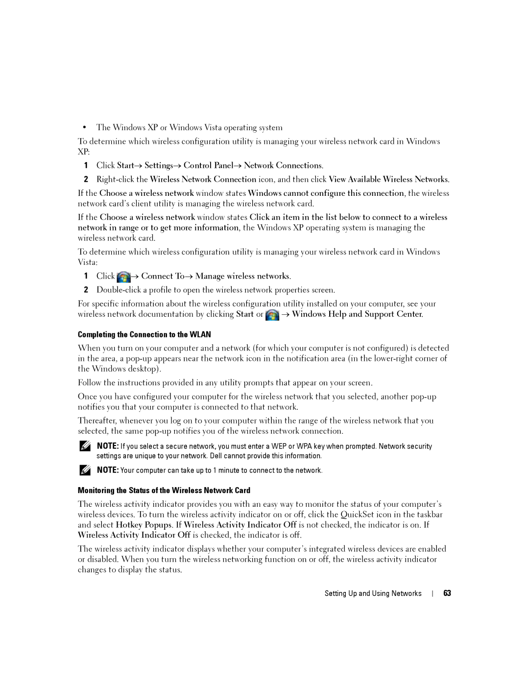 Dell PP04X manual Click → Connect To→ Manage wireless networks, Completing the Connection to the Wlan 